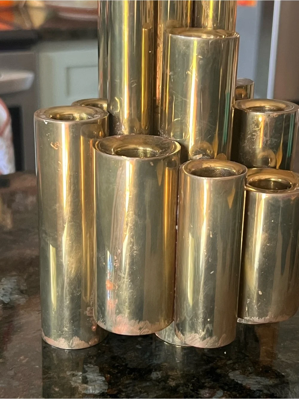 Vintage 1960’s modernist stacked tubular brass candelabra attributed to Gio Pont